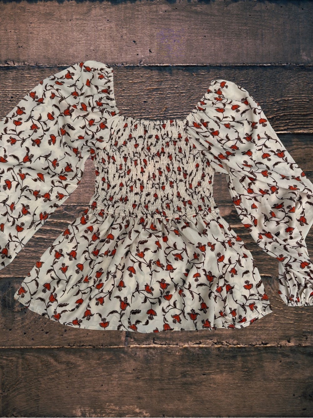 NWT Hayden Los Angeles Smocked Peplum Top Size S Cream Rust Floral Balloon Sleev